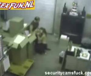 Eerst even goed rondkijken of iedereen wel naar huis is en dan gaan ze van bil, de twee collegas hebben sex in het pakhuis maar vergeten voor het gemak de beveiligingscameras.Sex in het pakhuis